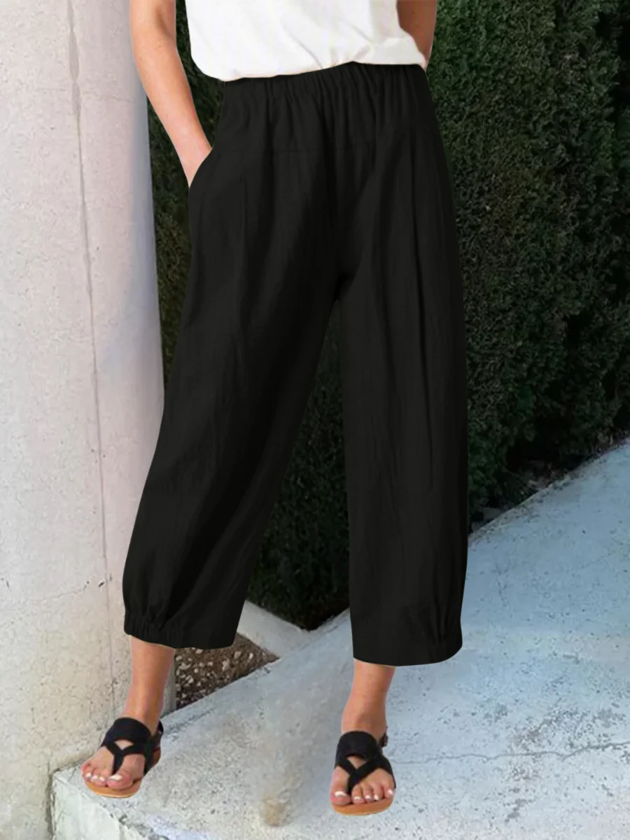 Pantalons Femmes en Lin Plain Printemps / Automne Coton Naturel Micro-élasticité Ample Pantalons à Jambe Large Droit