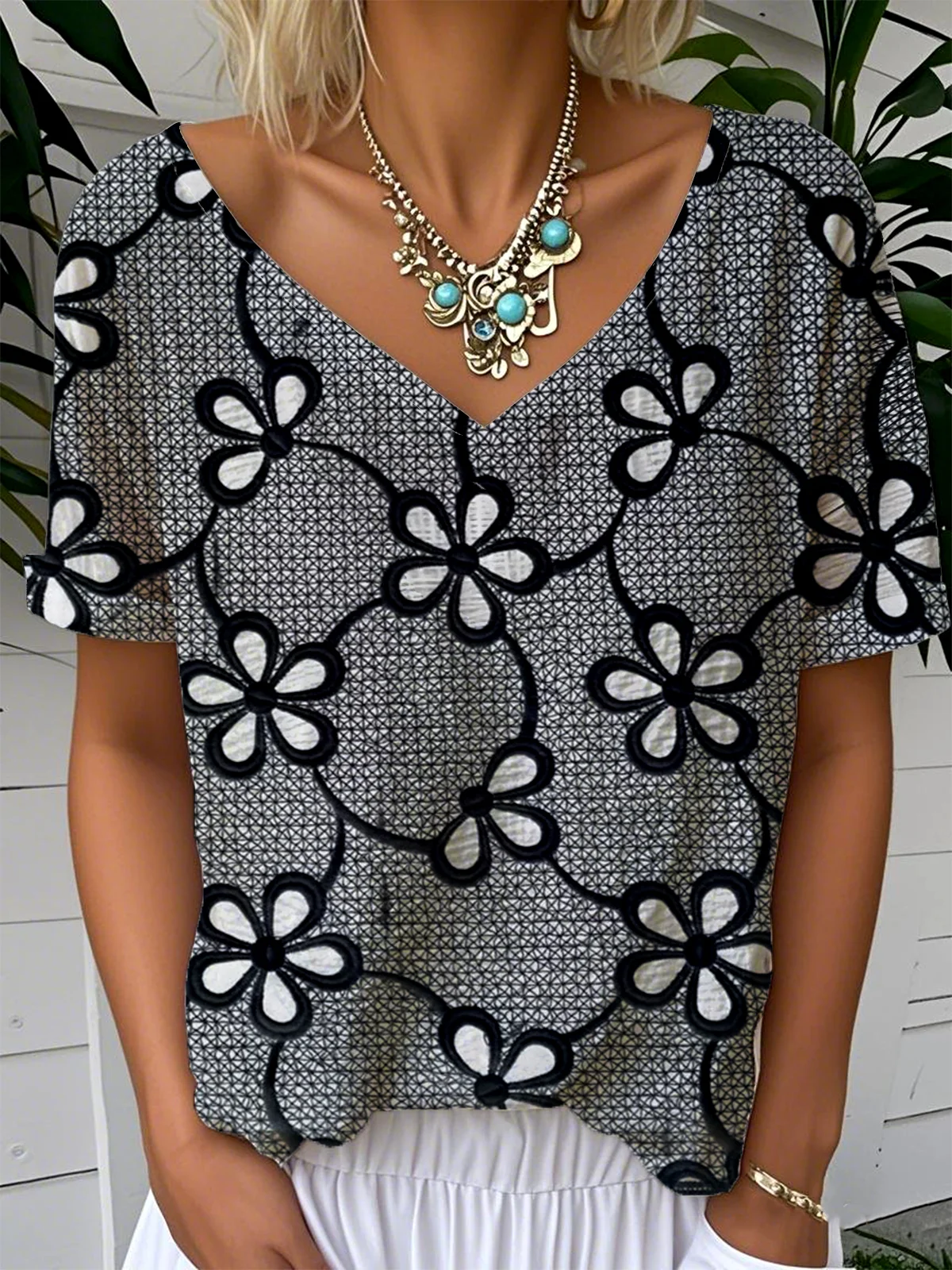 T-shirts Simple Floral Été Aucune élasticité Ample Manches Courtes Régulier Droit T.-N.-L. pour Femmes