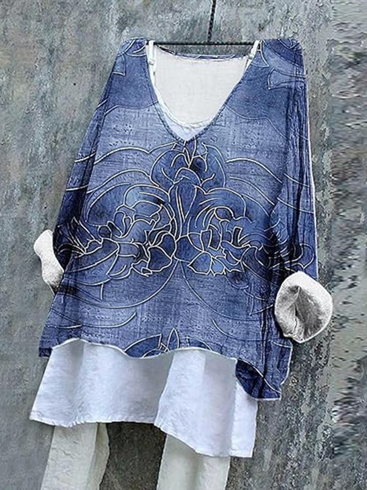 T-shirts Floral Rétro Printemps / Automne Coton Col V Micro-élasticité Quotidien Ample Régulier pour Femmes
