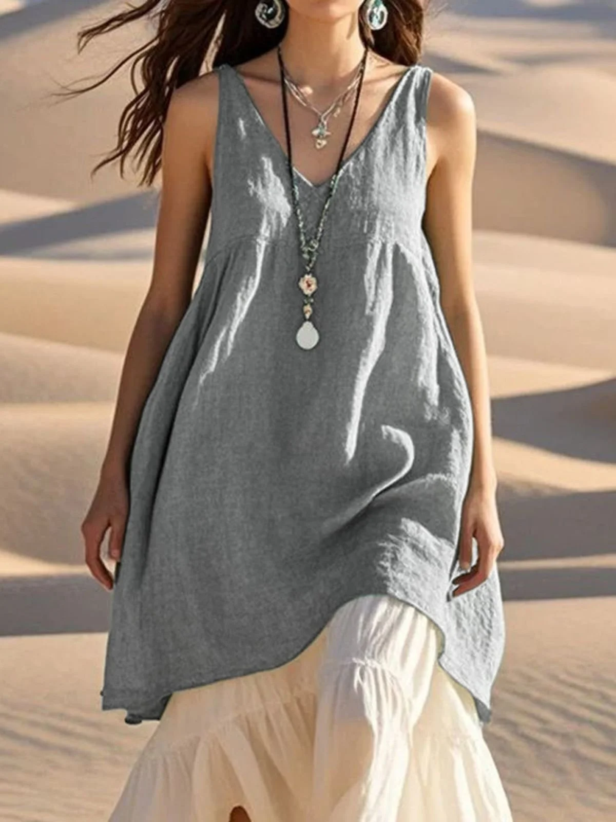 Femmes Plain Bleu Ciel Col V Confortable Robe Mi-Longue Décontracté
