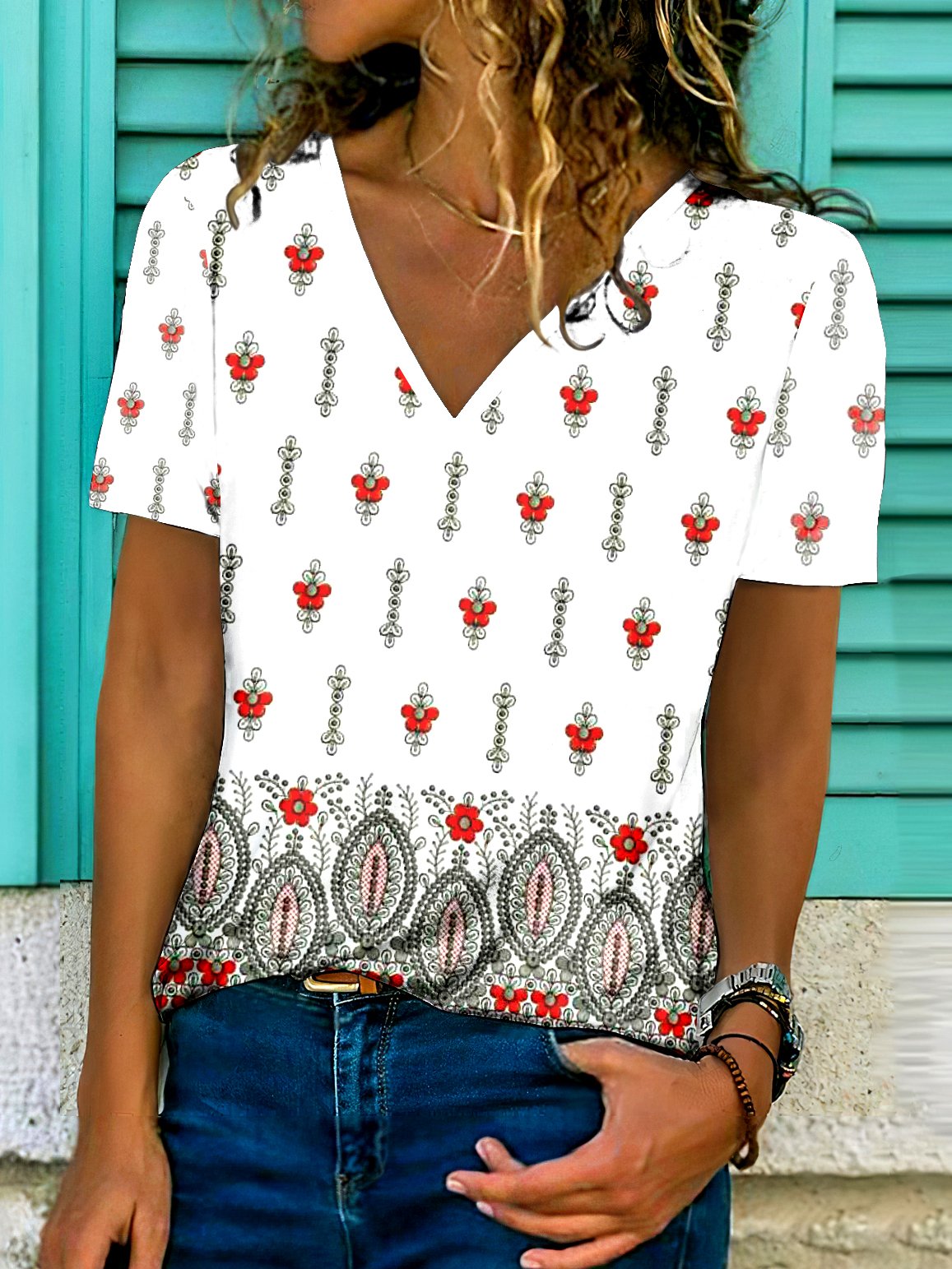 T-shirts Femmes Décontracté Floral Été Polyester Col V Micro-élasticité Quotidien Trapèze Régulier