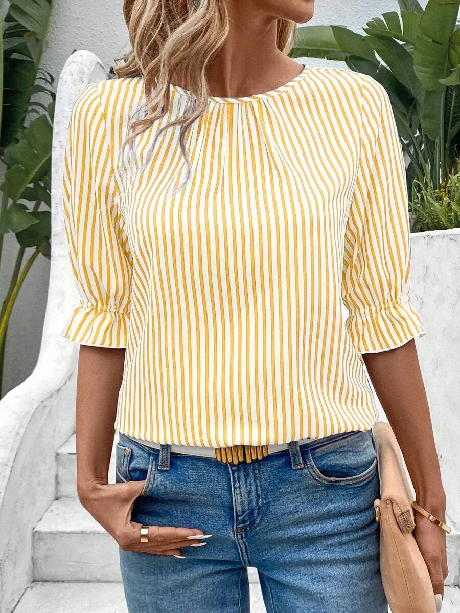 Blouses Rayé Décontracté Été Manche Ballon Domestique Demi Manche Col Rond Régulier Régulier pour Femmes
