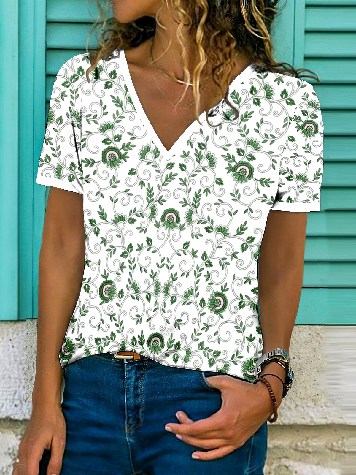 T-shirts Femmes Décontracté Floral Été Col V Micro-élasticité Coupe Régulière Manches Courtes Régulier Trapèze