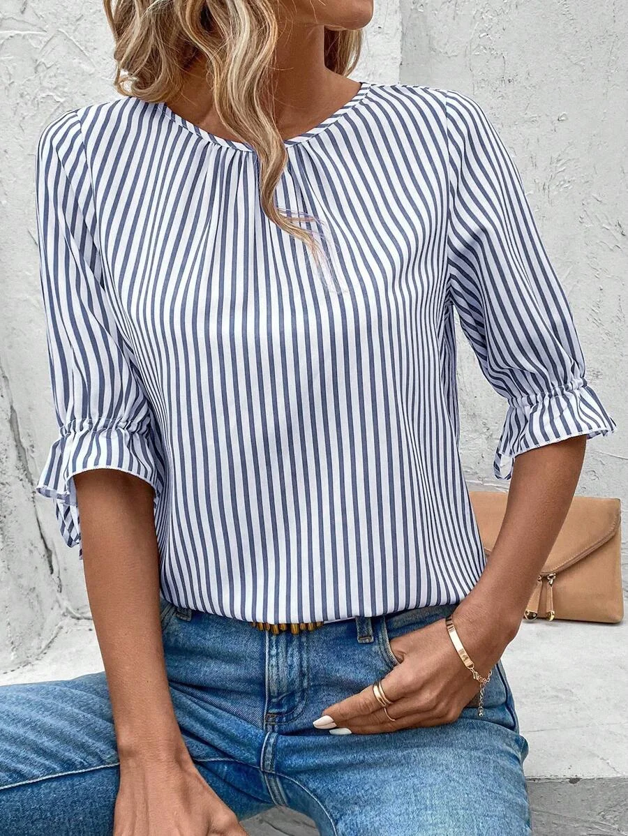 Blouses Rayé Décontracté Été Manche Ballon Domestique Demi Manche Col Rond Régulier Régulier pour Femmes