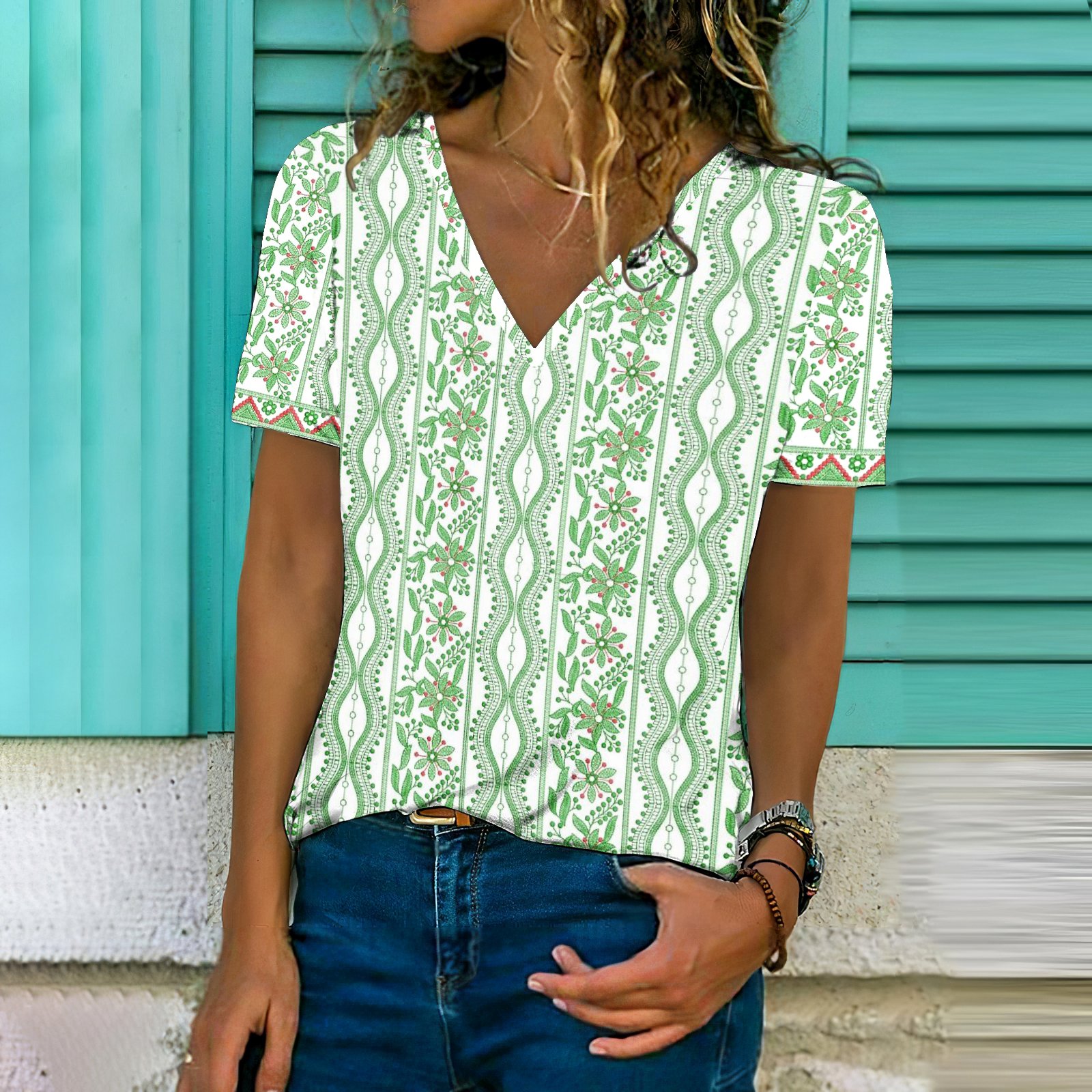 T-shirts Femmes Décontracté Floral Été Col V Micro-élasticité Coupe Régulière Manches Courtes Trapèze Régulier