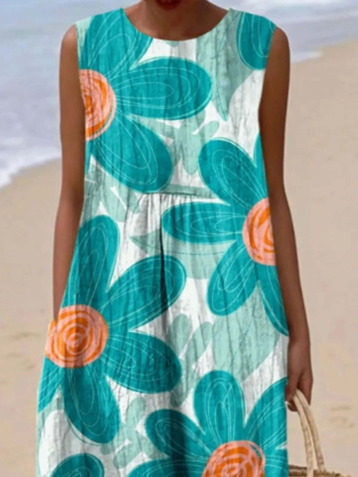 Femmes Floral Vert Col Rond Confortable Robe Maxi Décontracté