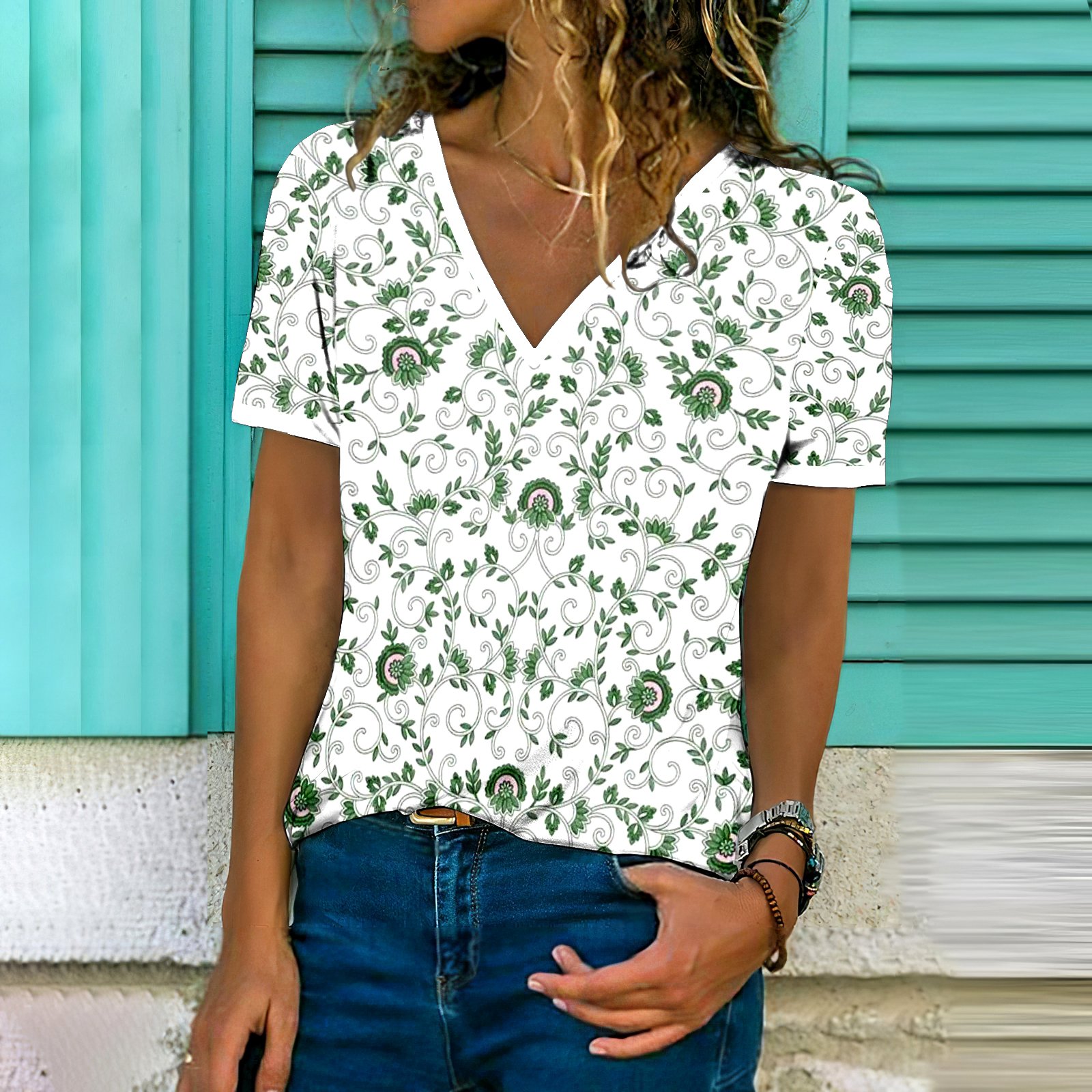 T-shirts Femmes Décontracté Floral Été Col V Micro-élasticité Coupe Régulière Manches Courtes Régulier Trapèze