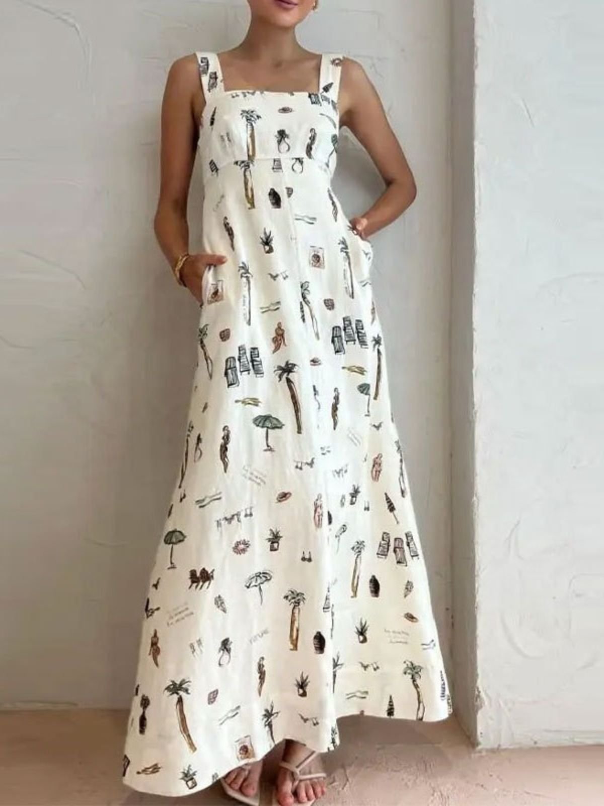 Femmes La peinture Blanc à Bretelles Confortable Robe Maxi Décontracté