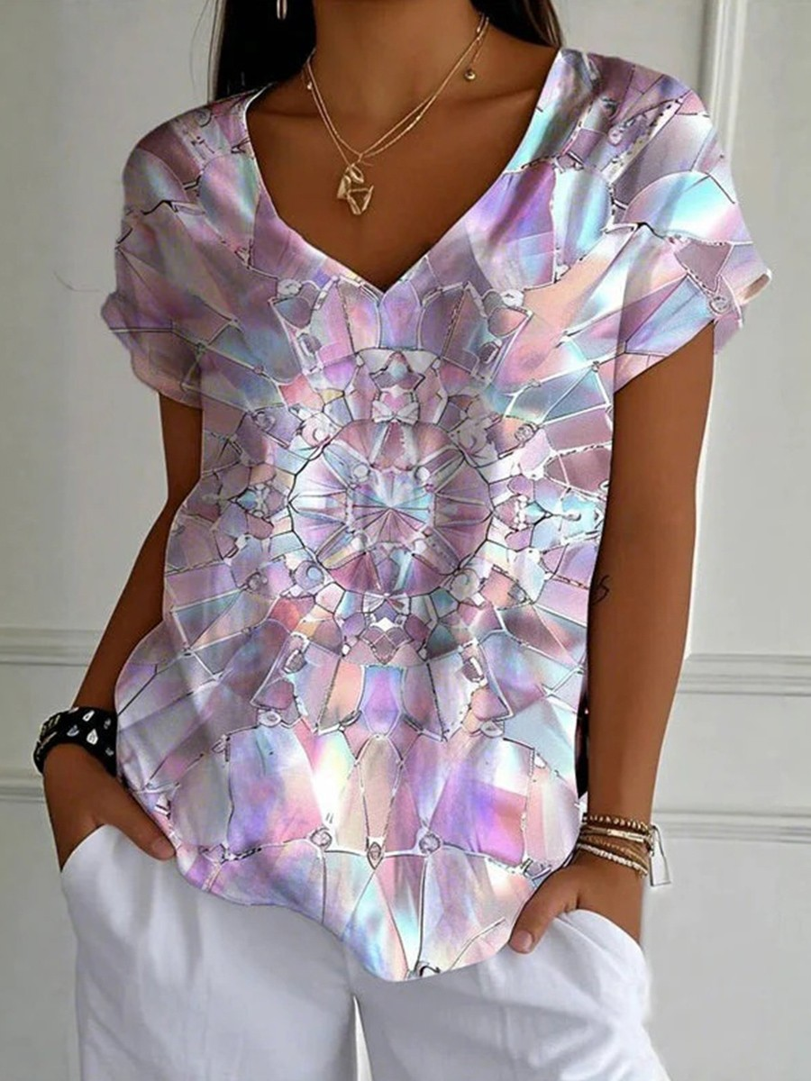 T-shirts Géométrique Décontracté Été Col V Micro-élasticité Quotidien Coupe Régulière Manches Courtes Trapèze pour Femmes