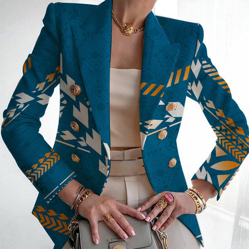 Micro-élasticité Manches Longues Devant Ouvert Régulier Géométrique Blazer Imprimé pour Femmes