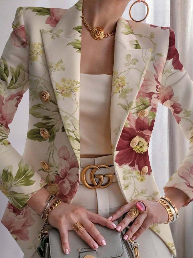 Micro-élasticité Manches Longues Devant Ouvert Régulier Géométrique Blazer Imprimé pour Femmes