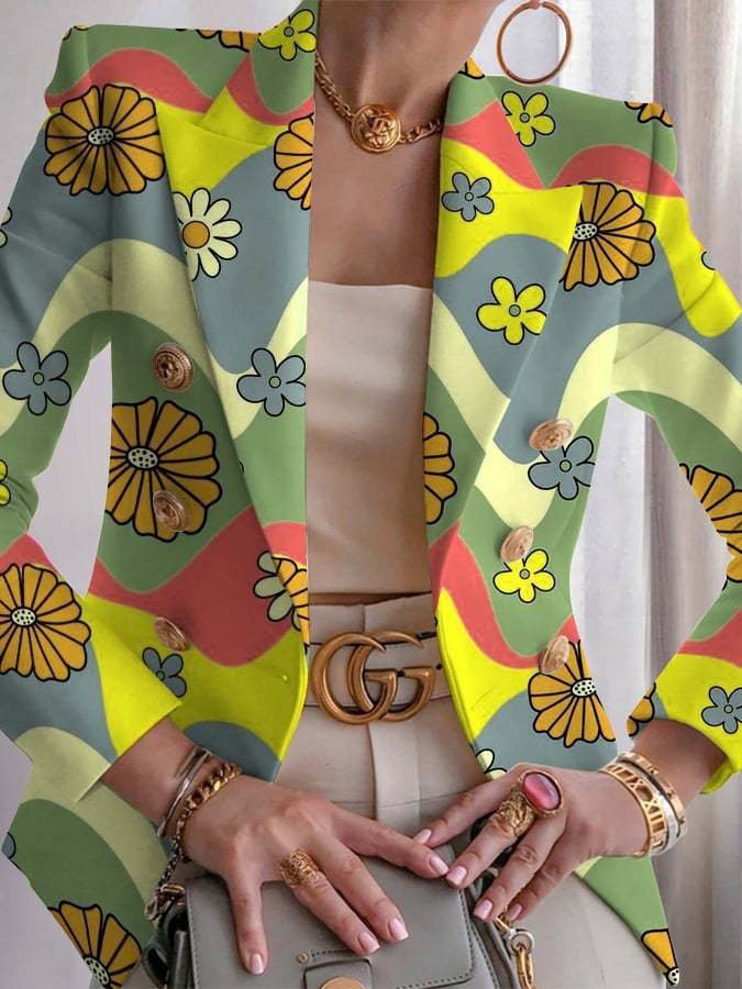 Micro-élasticité Manches Longues Devant Ouvert Régulier Géométrique Blazer Imprimé pour Femmes