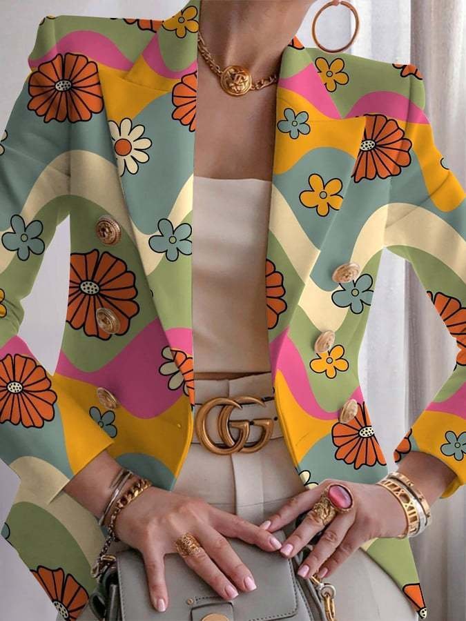 Micro-élasticité Manches Longues Devant Ouvert Régulier Géométrique Blazer Imprimé pour Femmes