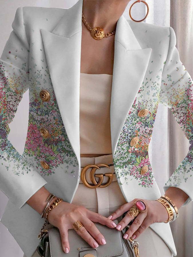 Micro-élasticité Manches Longues Devant Ouvert Régulier Géométrique Blazer Imprimé pour Femmes