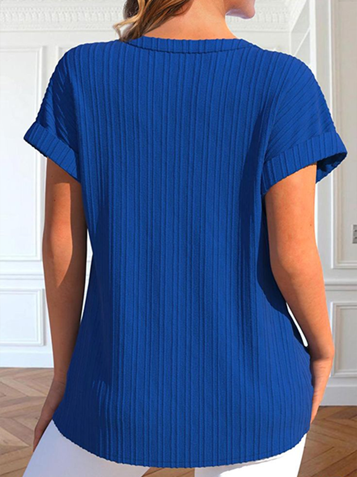 Blouses Décontracté Plain Été Aucune élasticité Demi Manche Entaillé Régulier Droit Régulier pour Femmes