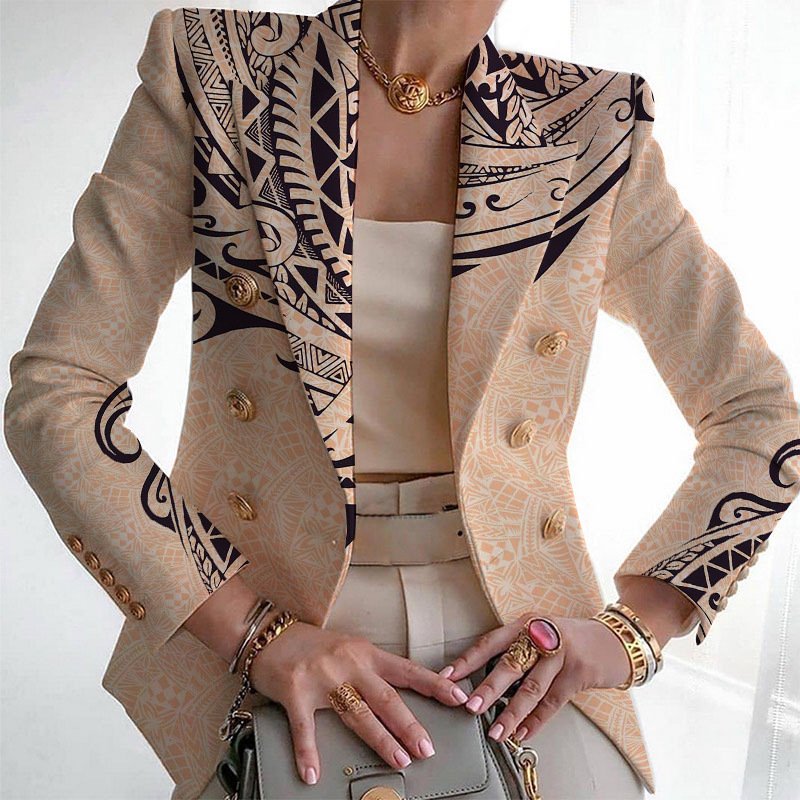 Micro-élasticité Manches Longues Devant Ouvert Régulier Géométrique Blazer Imprimé pour Femmes