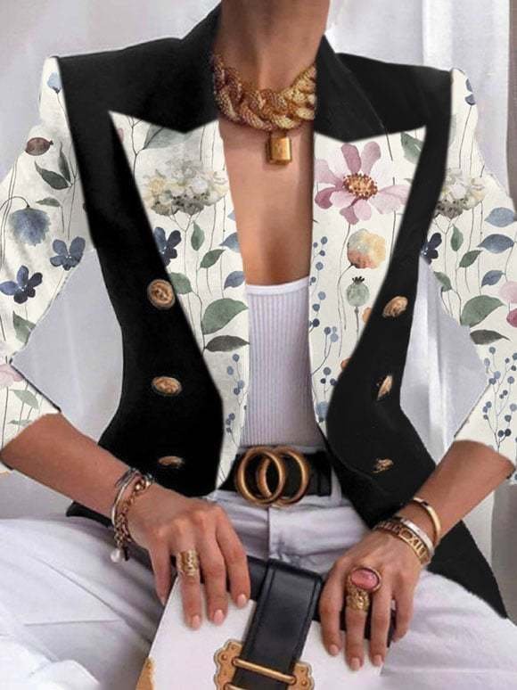 Micro-élasticité Manches Longues Devant Ouvert Régulier Géométrique Blazer Imprimé pour Femmes