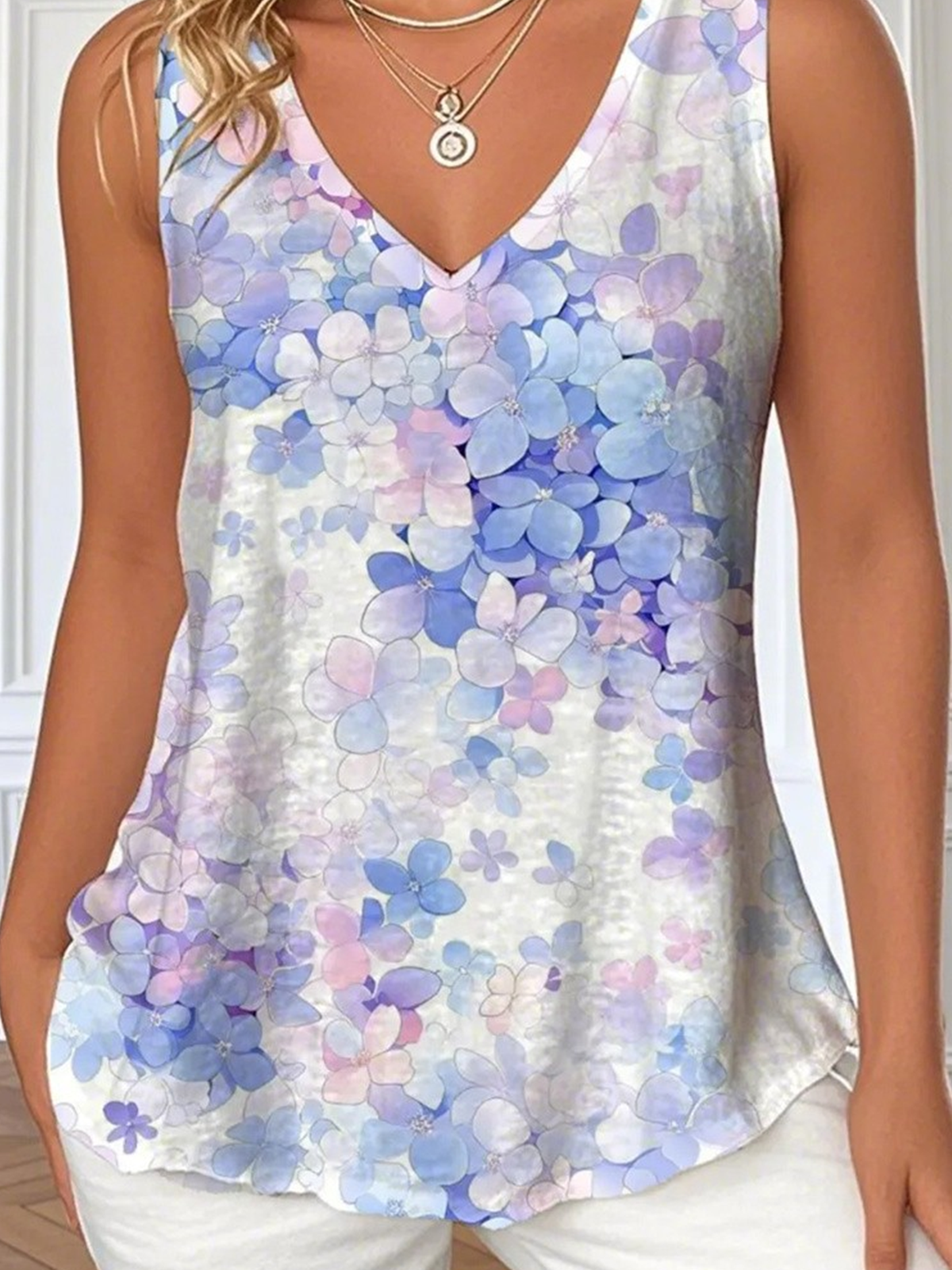 Top Débardeur Tops Femmes Décontracté Floral Été Coton Col V Micro-élasticité Coupe Régulière Sans Manches Régulier