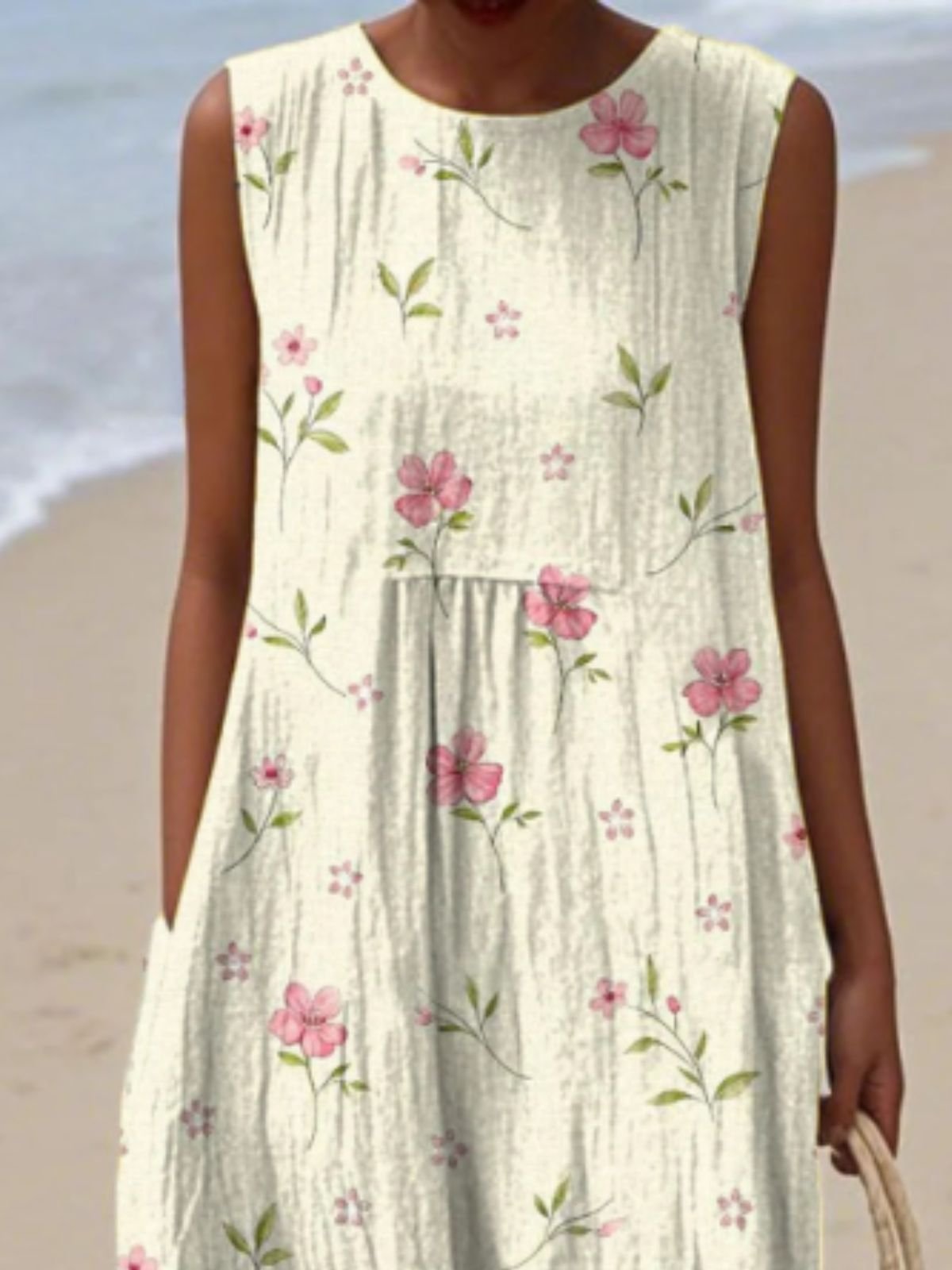 Femmes Floral Beige Col Rond Confortable Robe Maxi Décontracté