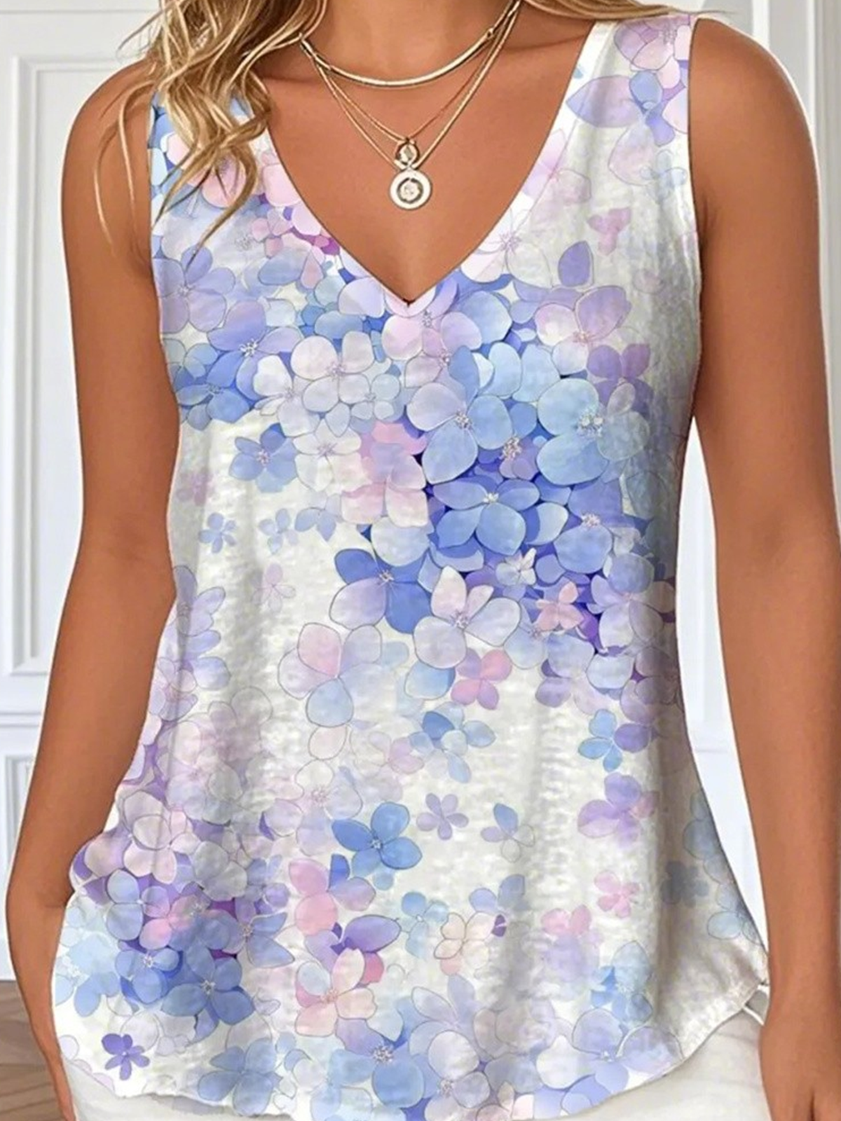 Top Débardeur Tops Femmes Décontracté Floral Été Coton Col V Micro-élasticité Coupe Régulière Sans Manches Régulier