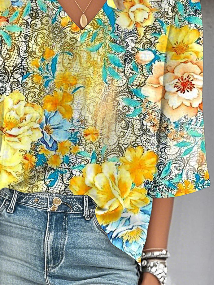 Blouses Simple Floral Printemps / Automne Polyester Quotidien Manches trois quarts Droit Régulier Non pour Femmes