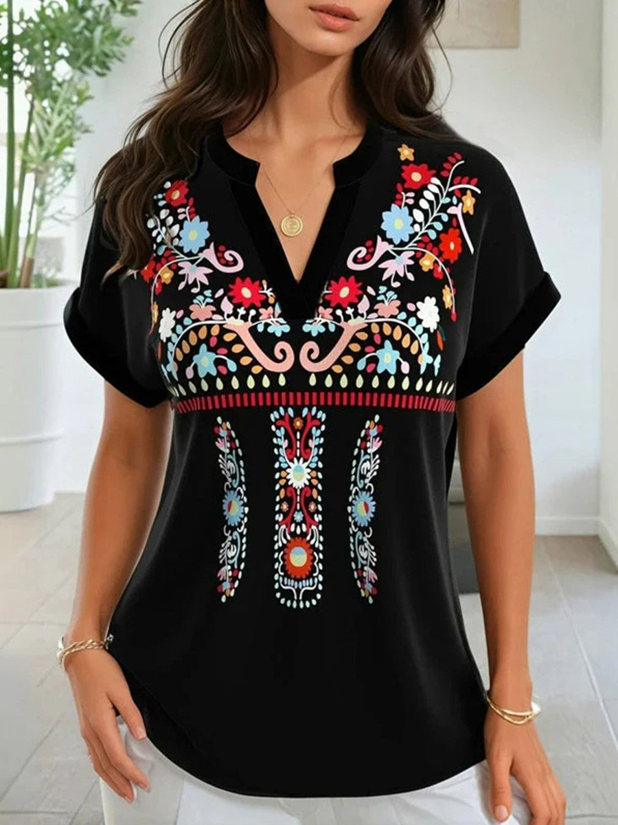 Blouses Femmes Décontracté Ethnique Été Polyester Ample Demi Manche Entaillé Droit Régulier