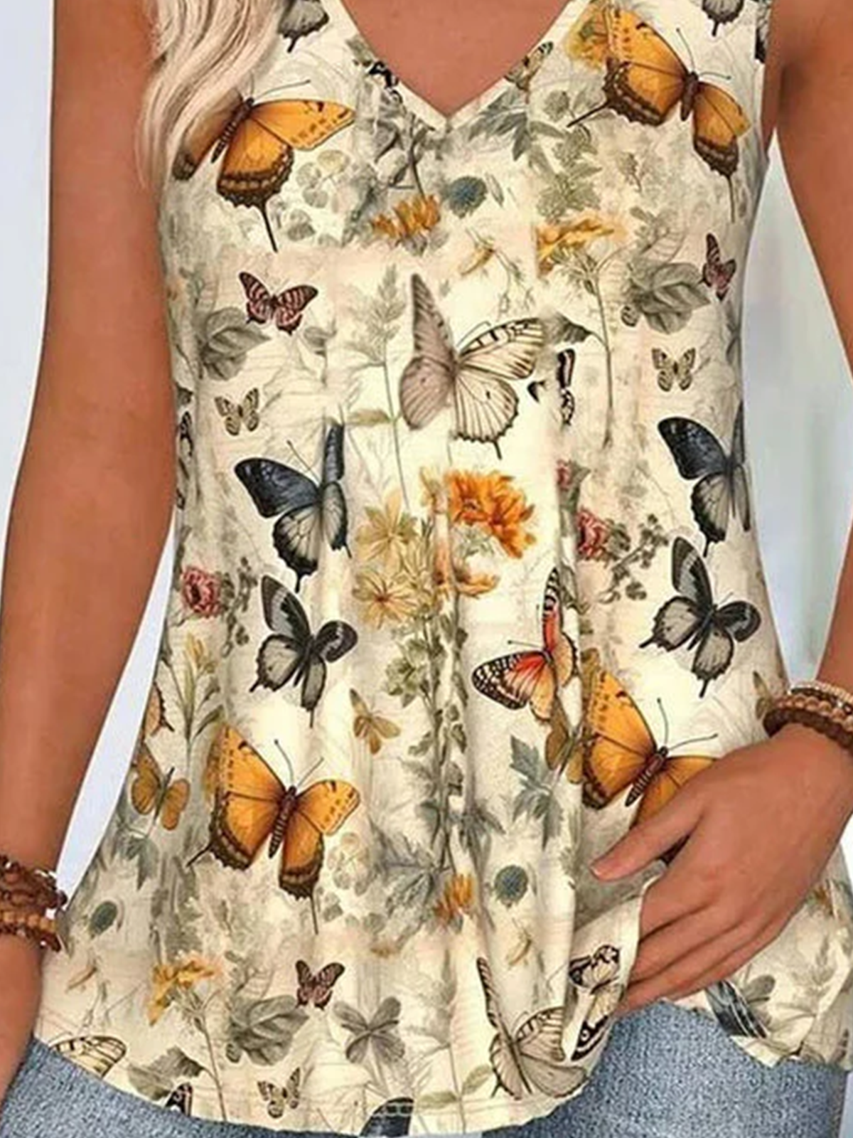 Top Débardeur Tops Décontracté Papillon Été Col V Micro-élasticité Quotidien Coupe Régulière Trapèze Régulier pour Femmes