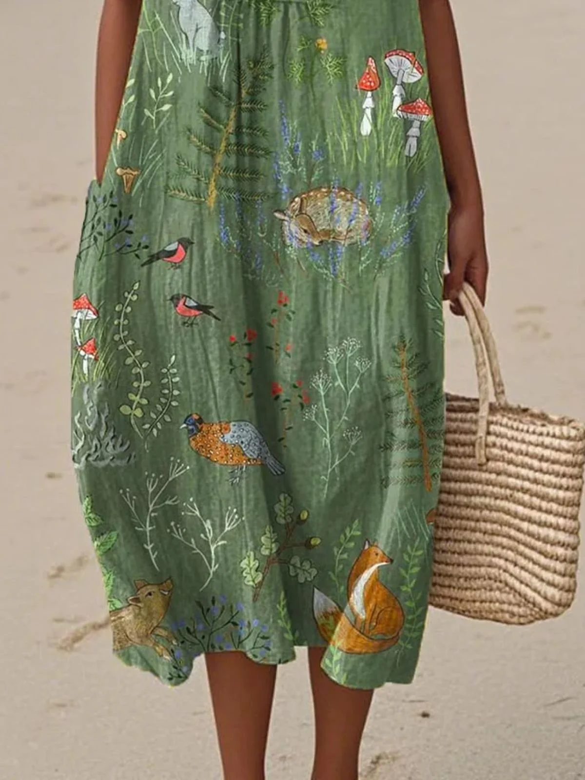 Femmes La peinture Vert Col Rond Confortable Robe Maxi Décontracté