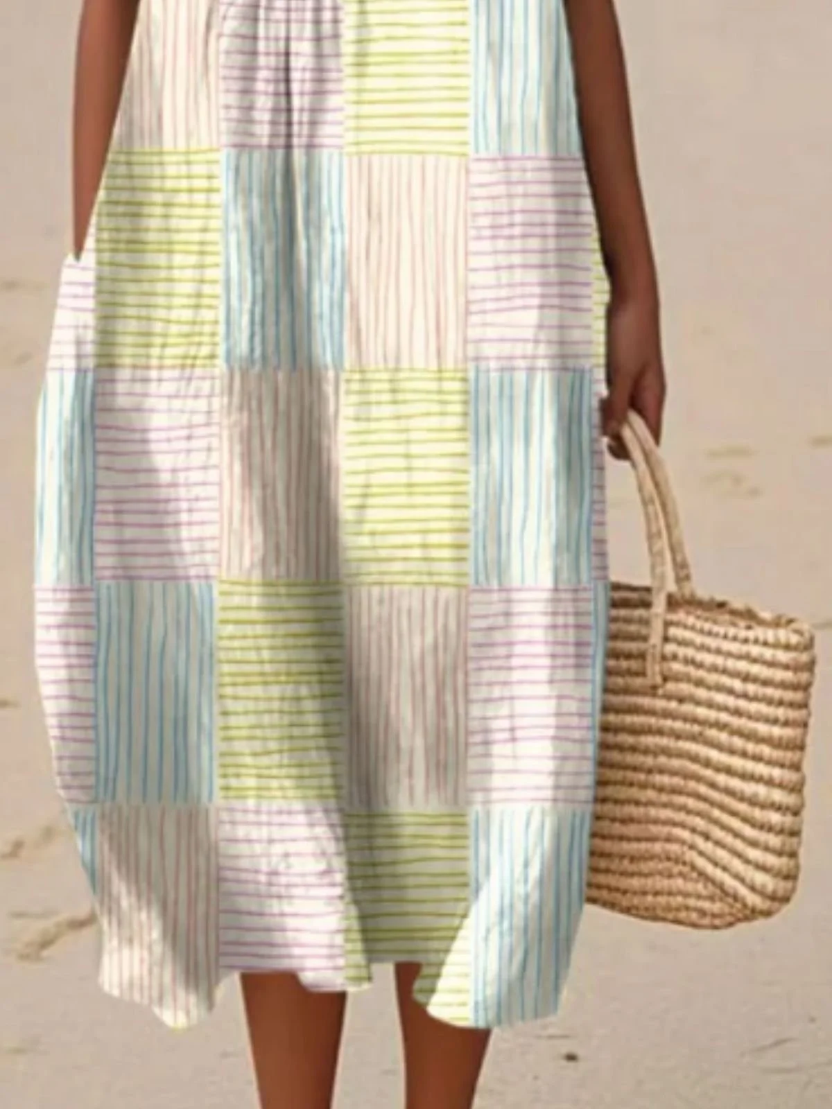 Femmes Bloc de Couleur Beige Col Rond Confortable Robe Maxi Décontracté