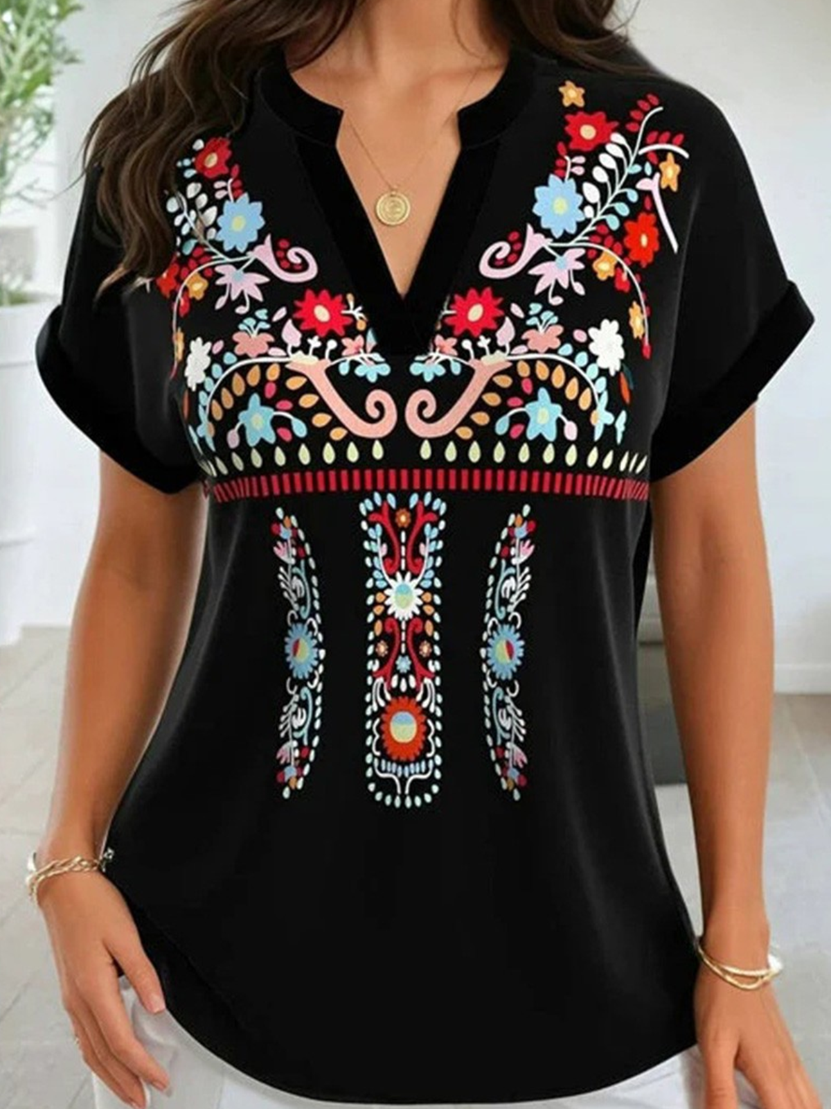 Blouses Femmes Décontracté Ethnique Été Polyester Ample Demi Manche Entaillé Droit Régulier