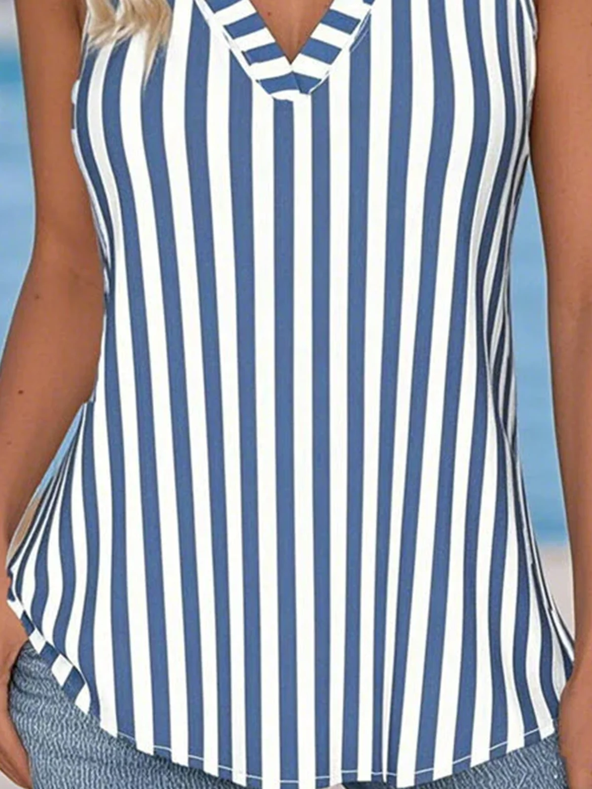 Top Débardeur Tops Rayé Décontracté Été Col V Micro-élasticité Quotidien Coupe Régulière Trapèze Régulier pour Femmes