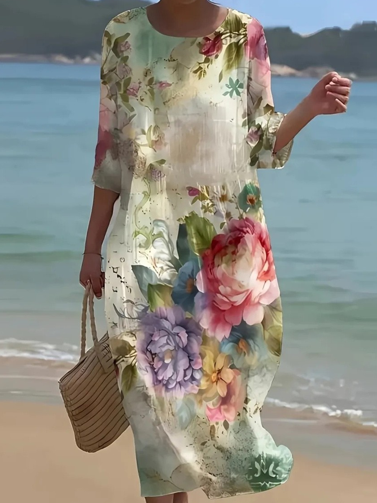 Femmes Floral Comme Image Col Rond Confortable Robe Maxi Décontracté
