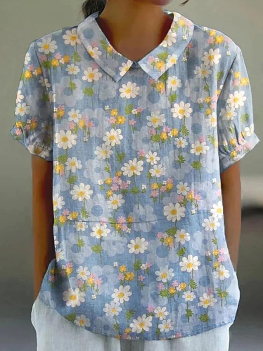 Blouses Élégant Floral Été Coton Quotidien Demi Manche Régulier Droit Régulier pour Femmes