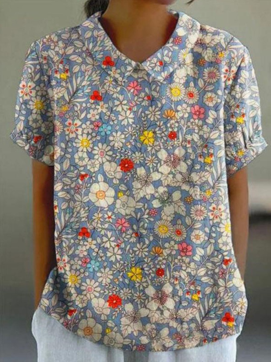 Blouses Décontracté Floral Été Aucune élasticité Quotidien Demi Manche Col Châle Droit Régulier pour Femmes