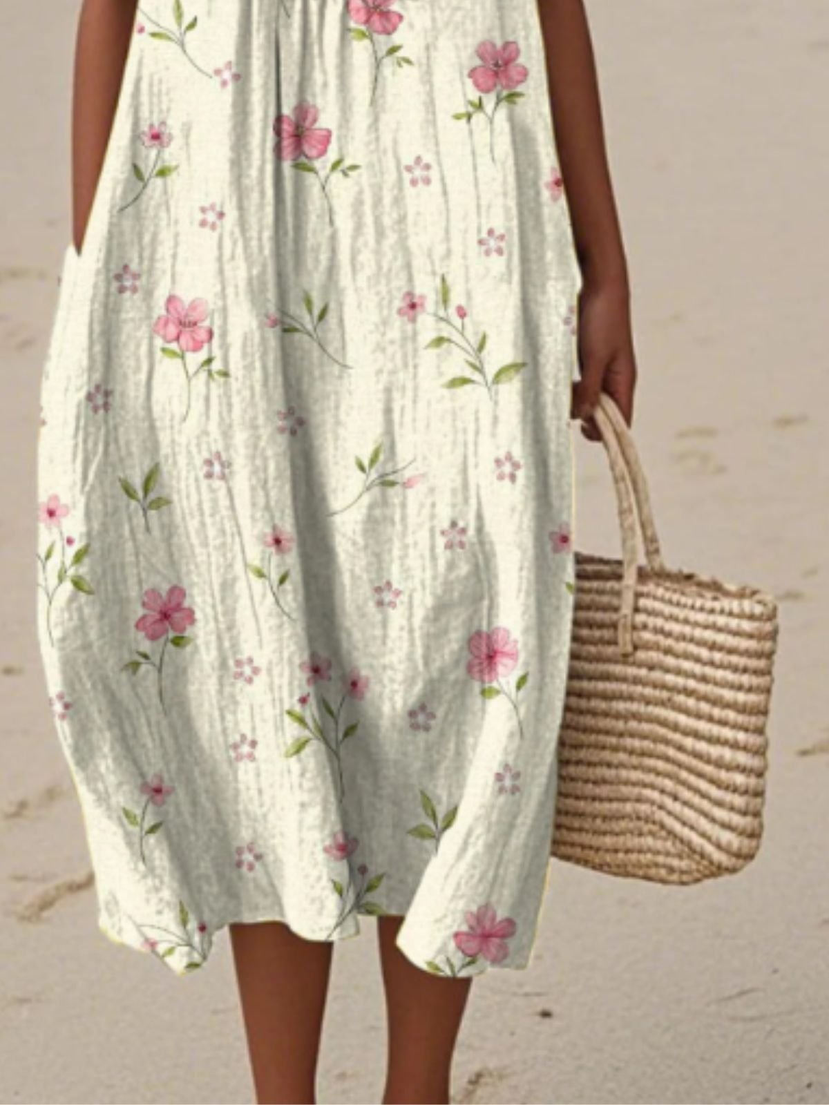 Femmes Floral Beige Col Rond Confortable Robe Maxi Décontracté