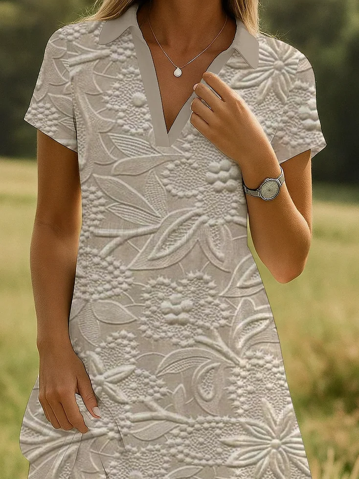 Femmes Floral Abricot Col Châle Confortable Imprimé Robe de Longueur Au Genou Décontracté