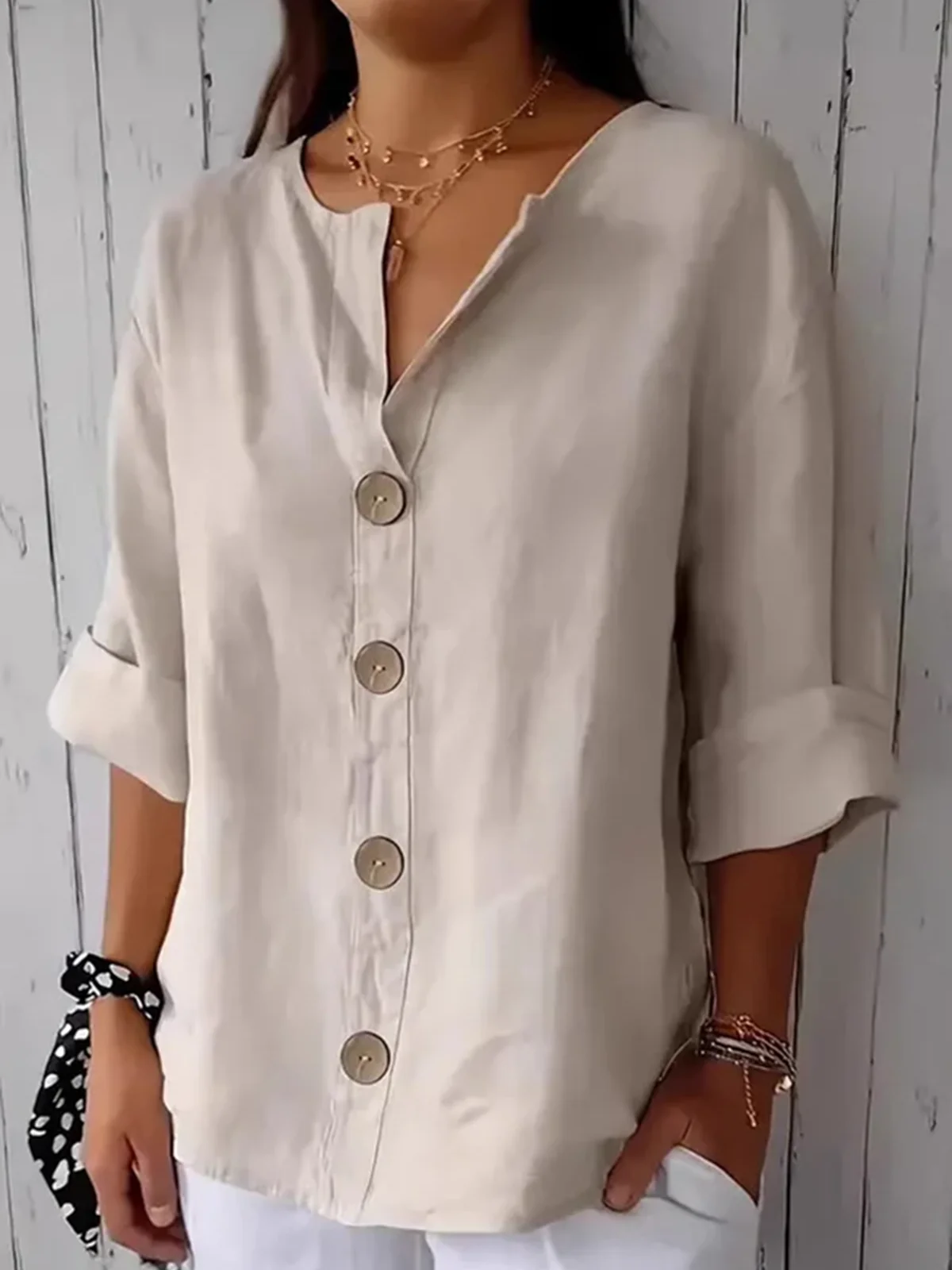 Blouses Femmes Simple Plain Printemps / Automne Coton Ample Manches trois quarts Col Châle Régulier Régulier