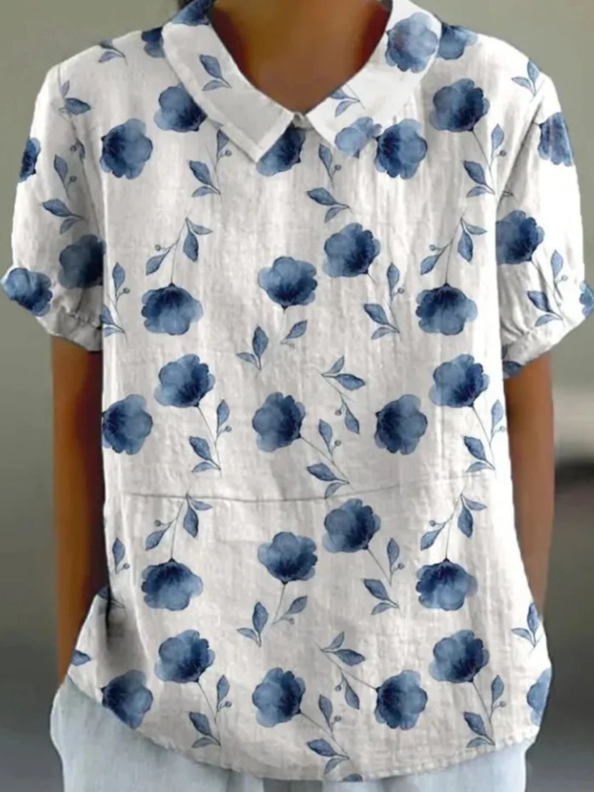 Blouses Femmes Floral Simple Été Coton Micro-élasticité Faire la navette Manches Courtes Col Châle Régulier