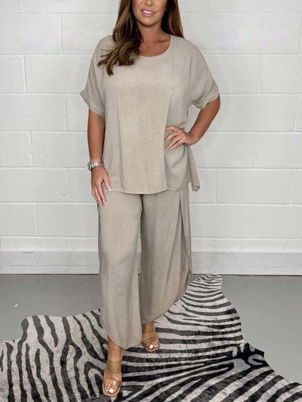 Deux Pièces Ensembles Femmes Urbain Plain Été Naturel Micro-élasticité Sortie Ample Demi Manche Top Avec Pantalons