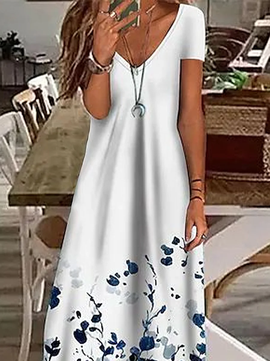 Femmes Floral Blanc Col V Confortable Imprimé Robe Maxi Décontracté