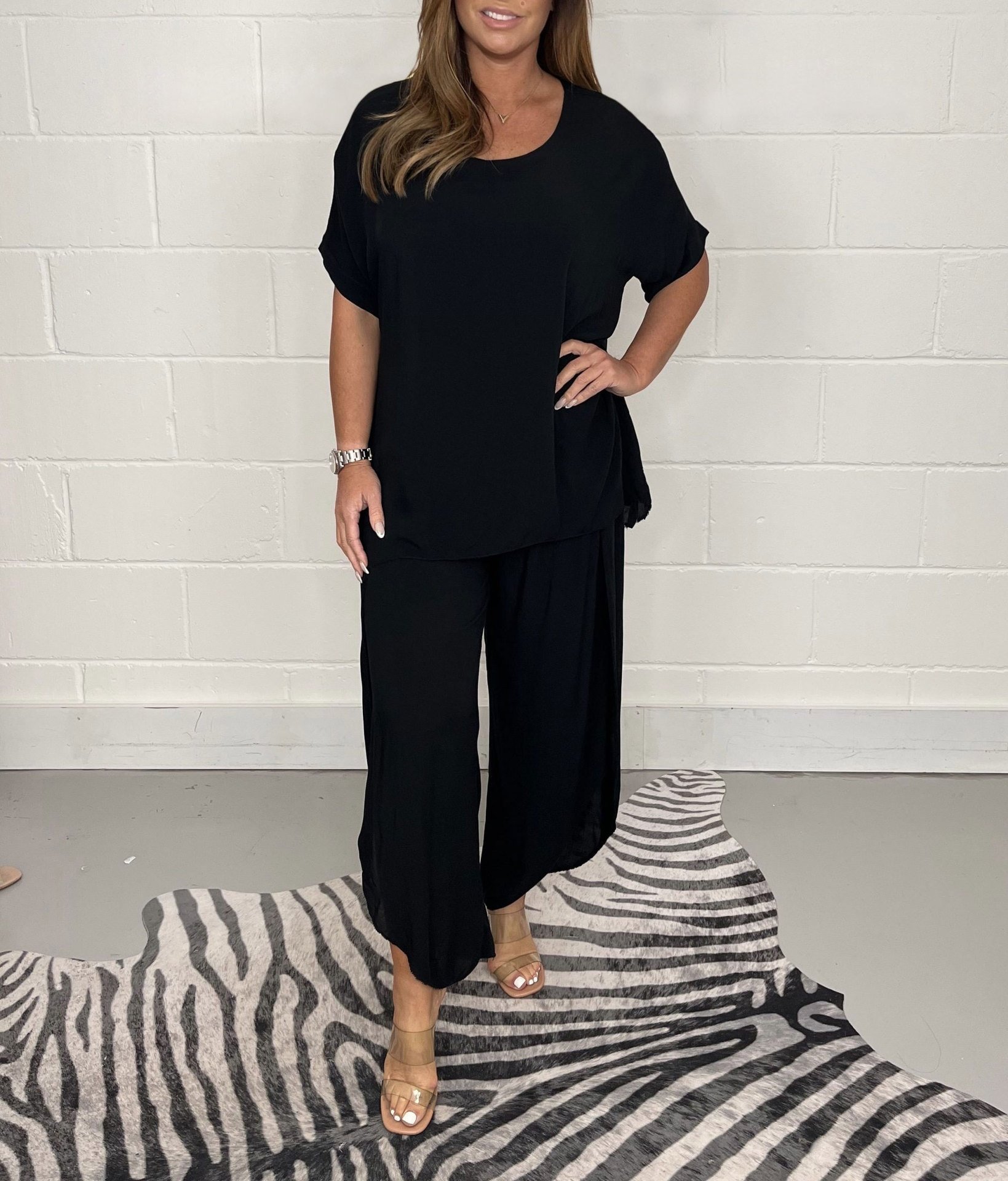 Deux Pièces Ensembles Femmes Urbain Plain Été Naturel Micro-élasticité Sortie Ample Demi Manche Top Avec Pantalons