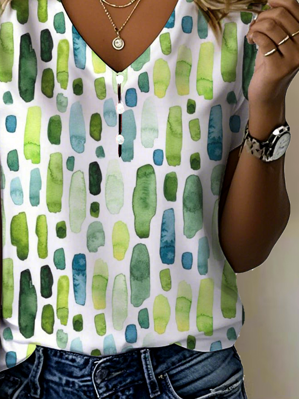 T-shirts Femmes Géométrique Décontracté Été Col V Quotidien Manches Courtes Régulier Ligne T Régulier