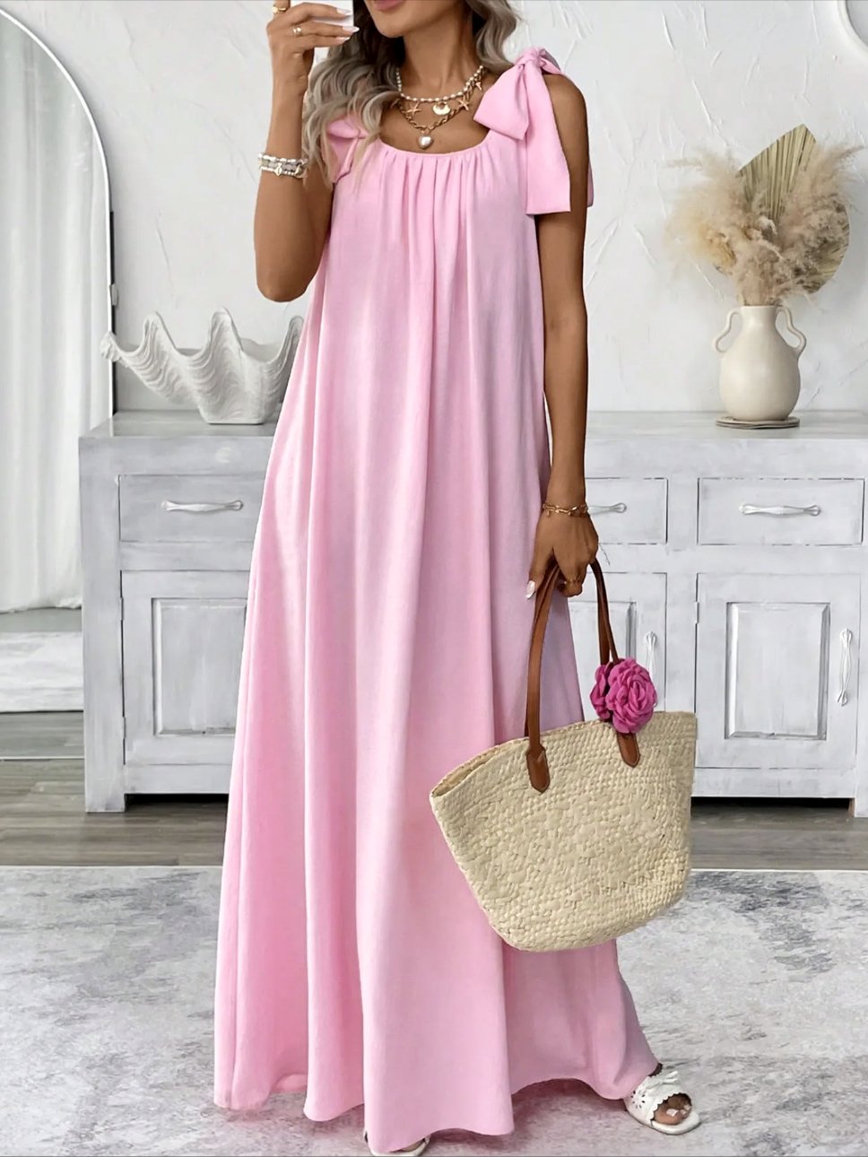 Femmes Plain Rose Col Carré Confortable Robe Maxi Décontracté