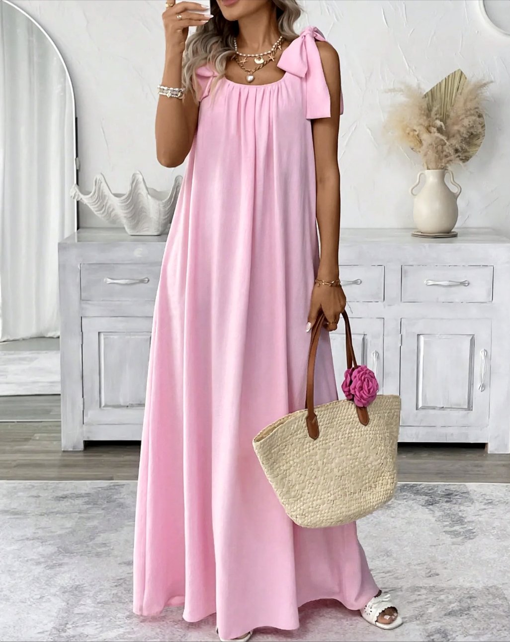 Femmes Plain Rose Col Carré Confortable Robe Maxi Décontracté