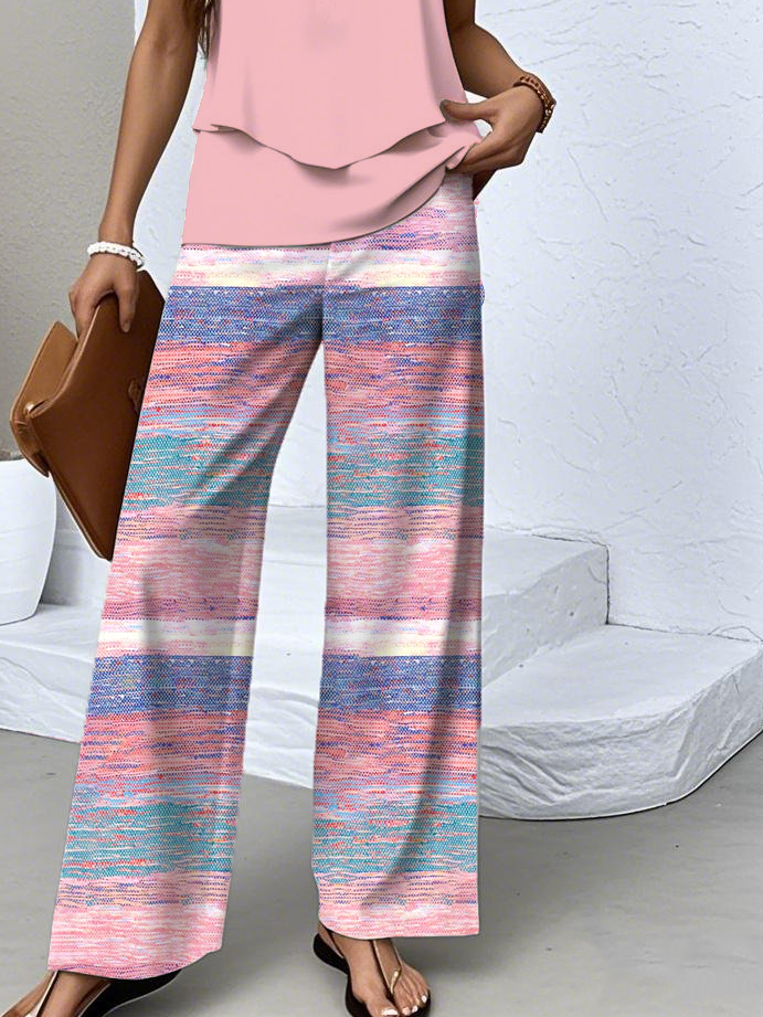 Deux Pièces Ensembles Femmes Rayé Décontracté Été Polyester Coupe Régulière Col Rond Top Avec Pantalons Trapèze Régulier