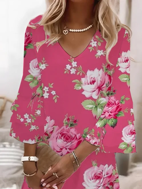 Femmes Floral Rose Col V Confortable Imprimé Robe Maxi Décontracté