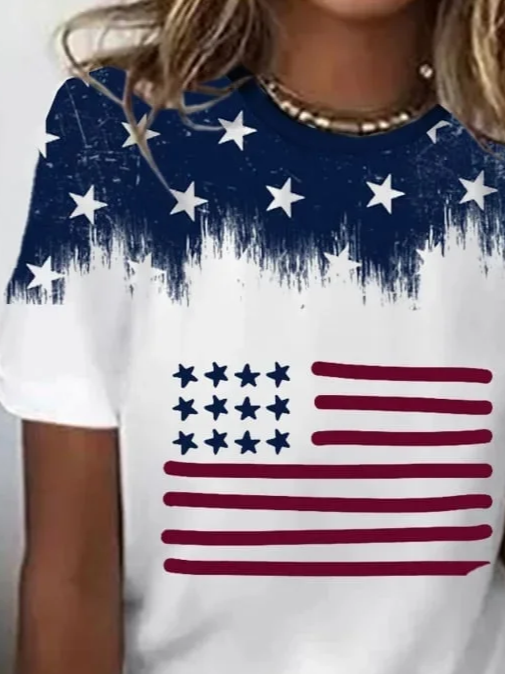 T-shirts Décontracté Été Le jour de l'indépendance (Drapeau) Imprimé Micro-élasticité Quotidien Col Rond Droit Régulier pour Femmes