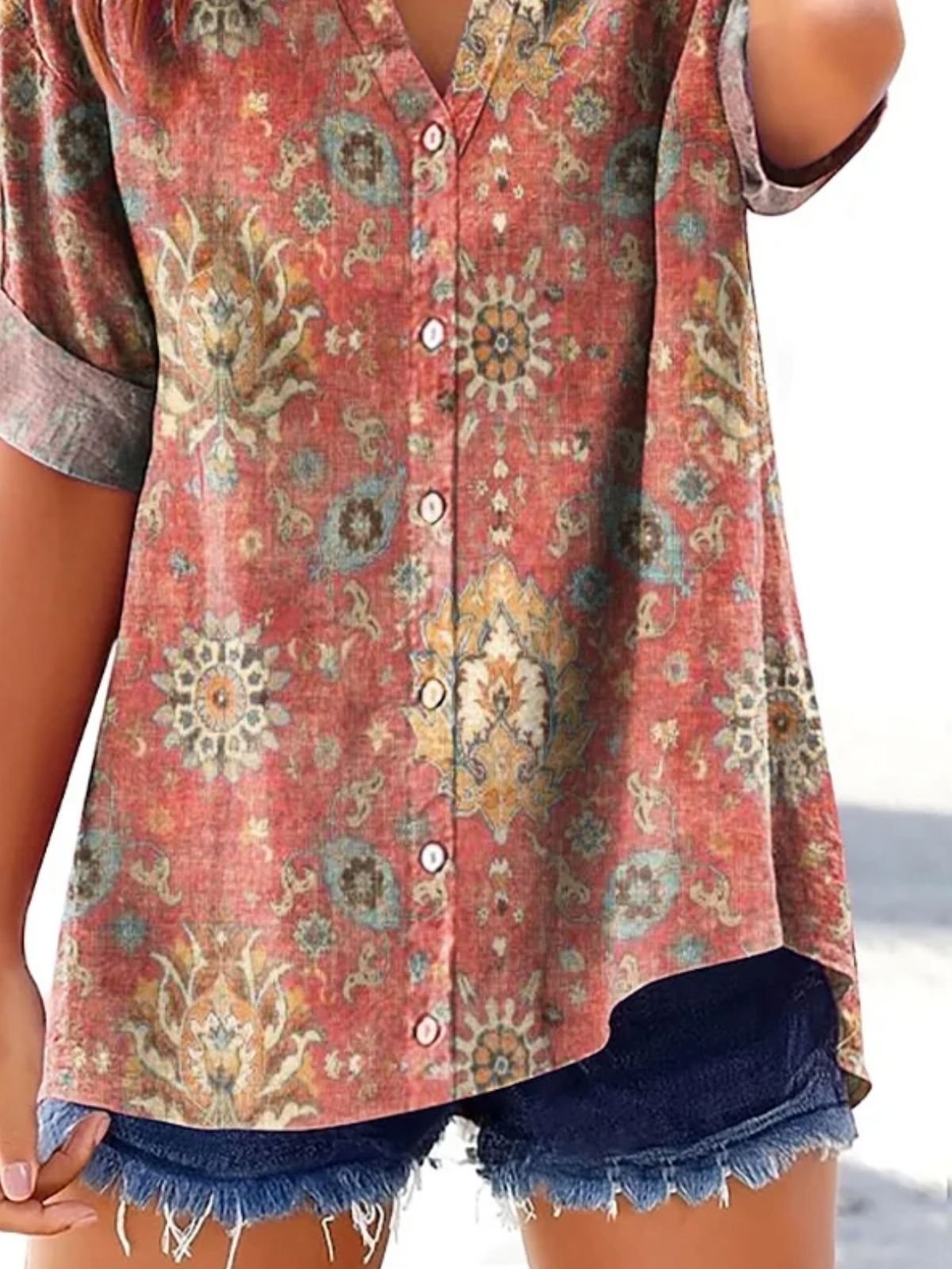 Chemises Femmes Rétro Floral Été Coton Quotidien Coupe Régulière Manches Courtes Droit Régulier