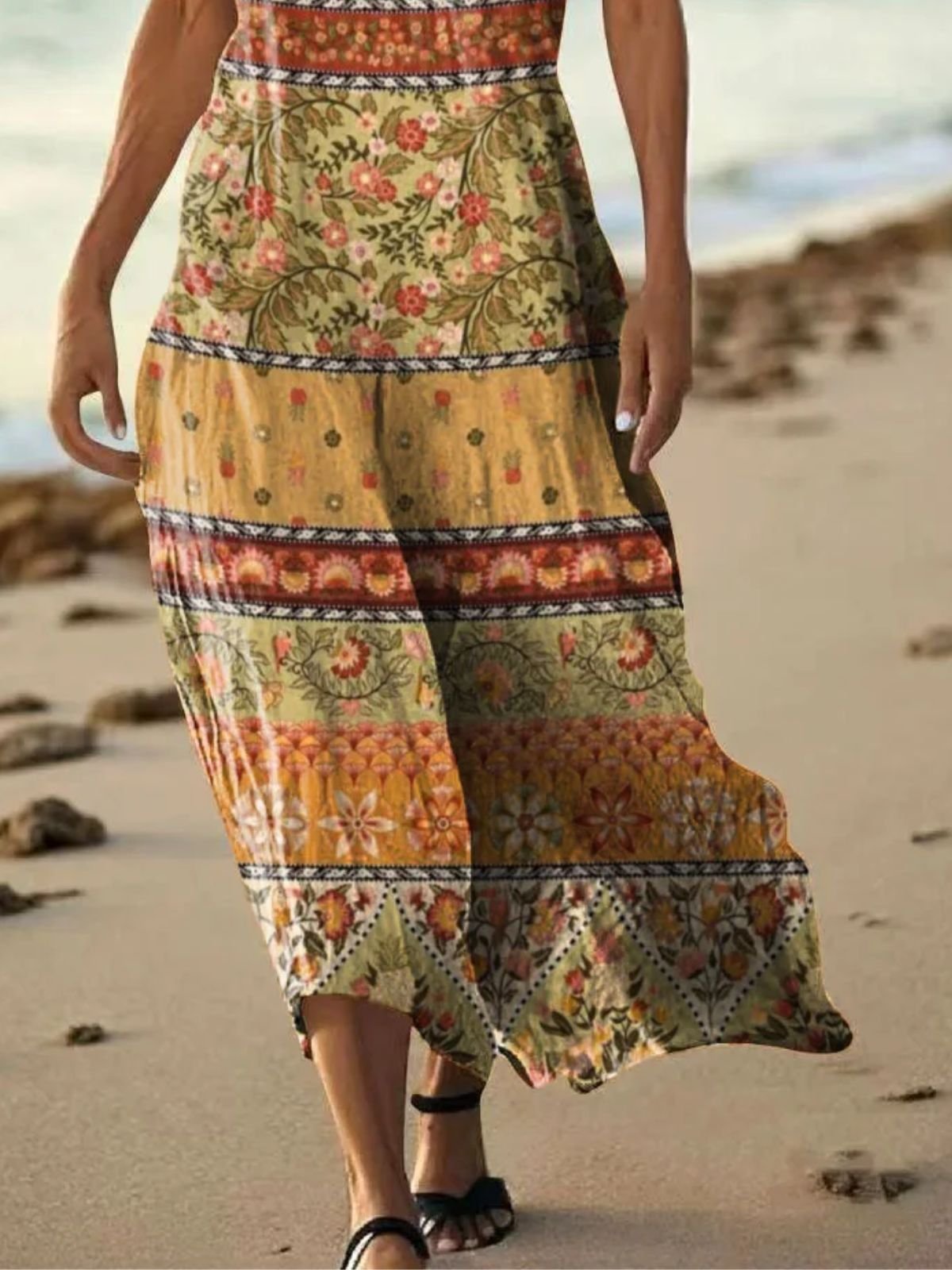 Femmes Floral Brun Col V Confortable Robe Maxi Décontracté