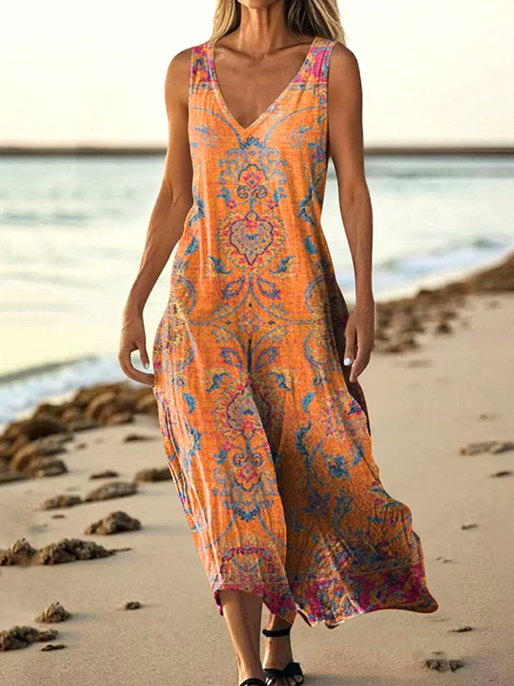 Femmes Floral Jaune Col V Confortable Robe Maxi Décontracté
